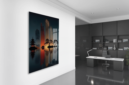 Doğu Esintili Gün Batımı Cam Tablo – Minimalist Japon Manzarası UV Baskılı Temperli Cam Duvar Tablosu - Peony026
