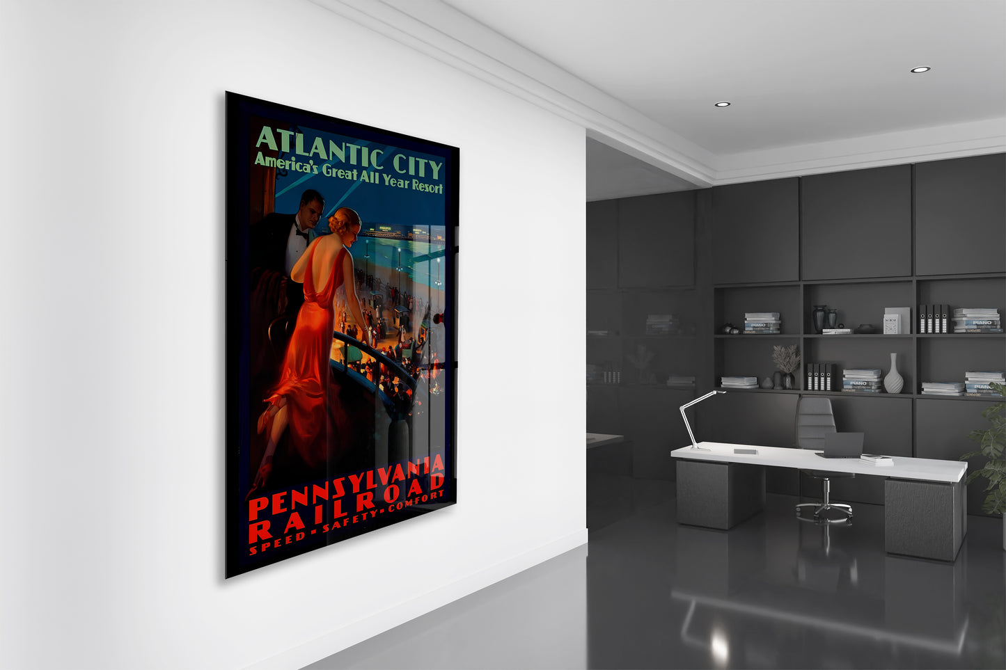 Atlantic City Vintage Cam Tablo | Art Deco Seyahat Posteri UV Baskılı Temperli Cam Duvar Dekoru - Peony152