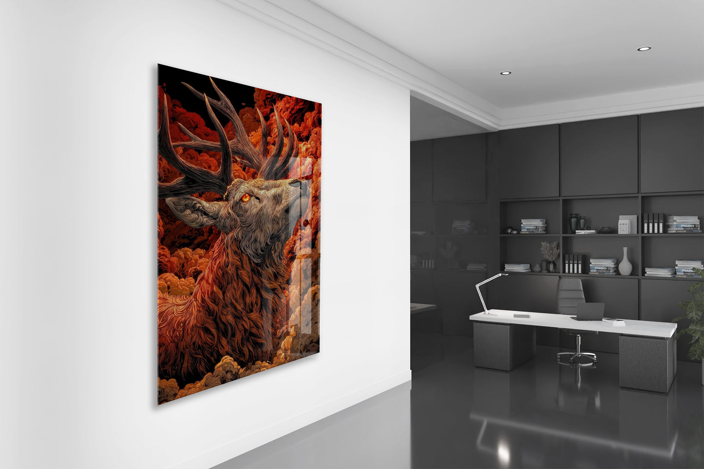 Asaletin Sembolü Geyik Cam Tablo – Ateş Tonlu Lüks Duvar Dekoru- Peony082