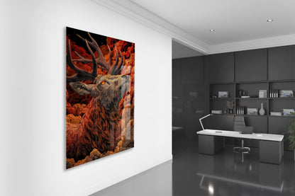 Asaletin Sembolü Geyik Cam Tablo – Ateş Tonlu Lüks Duvar Dekoru- Peony082