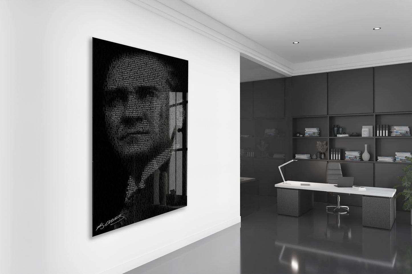 Atatürk Silüet Cam Baskı Tablo | Nutuk Metinli Siyah Beyaz Modern Duvar Dekoru, 4mm Temperli Cam, Yüksek Çözünürlüklü UV Baskı PeonyAta045