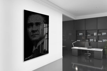 Atatürk Silüet Cam Baskı Tablo | Nutuk Metinli Siyah Beyaz Modern Duvar Dekoru, 4mm Temperli Cam, Yüksek Çözünürlüklü UV Baskı PeonyAta045