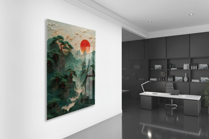 Modern Asya Manzarası Cam Tablo – Dağ ve Kızıl Güneş Temalı Sanatsal UV Baskılı Temperli Cam Duvar Tablosu - Peony008