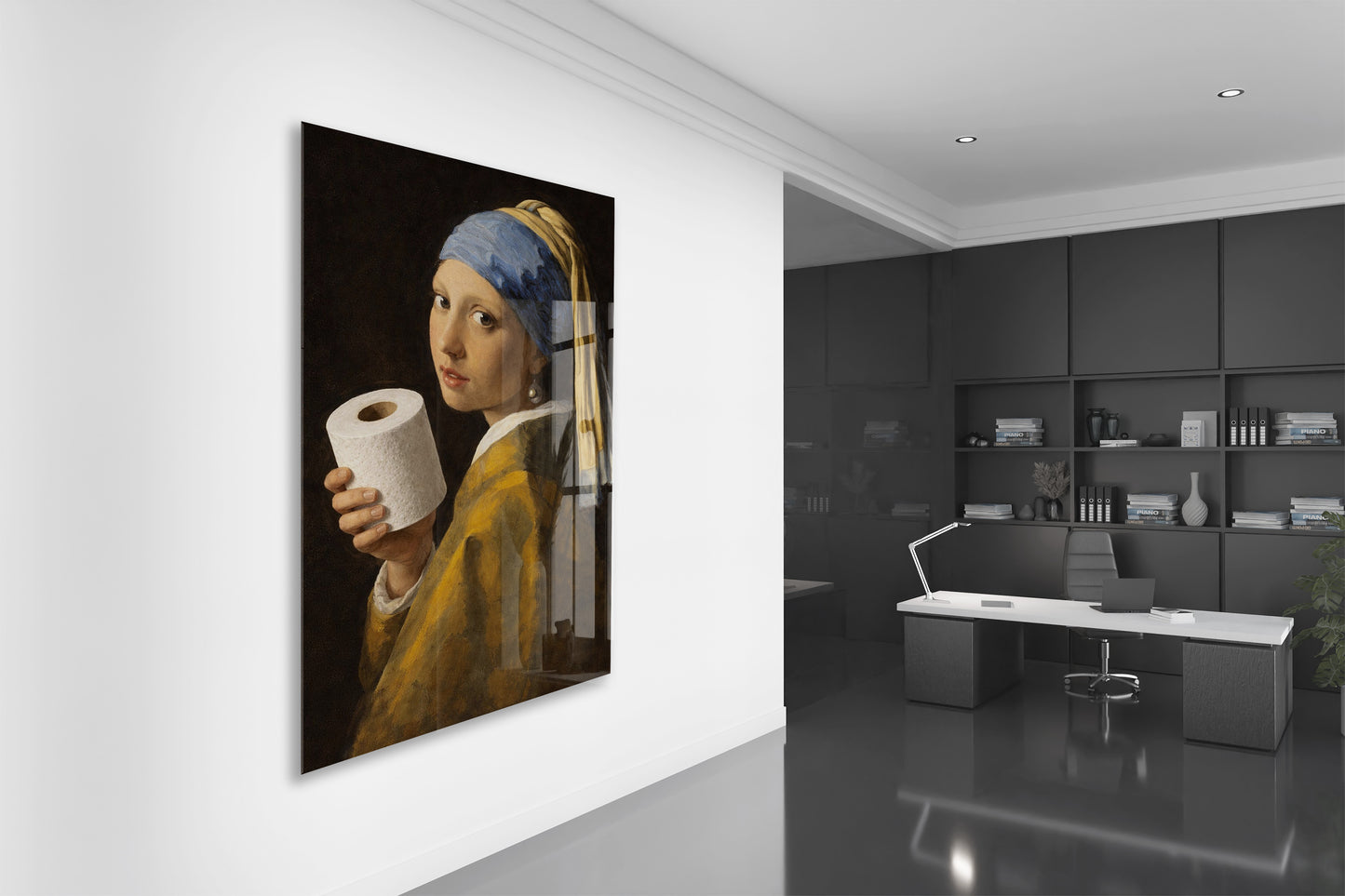 Banyo Dekoruna Özel Mizahi Cam Tablo – Klasik Sanat Modern Dokunuş- Peony091