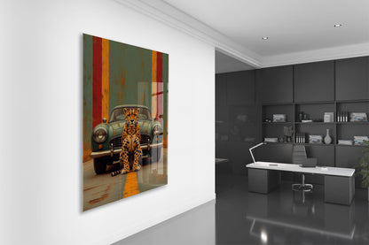 Klasik Otomobil ve Leopar Cam Tablo – Modern Urban Duvar Sanatı - Peony087