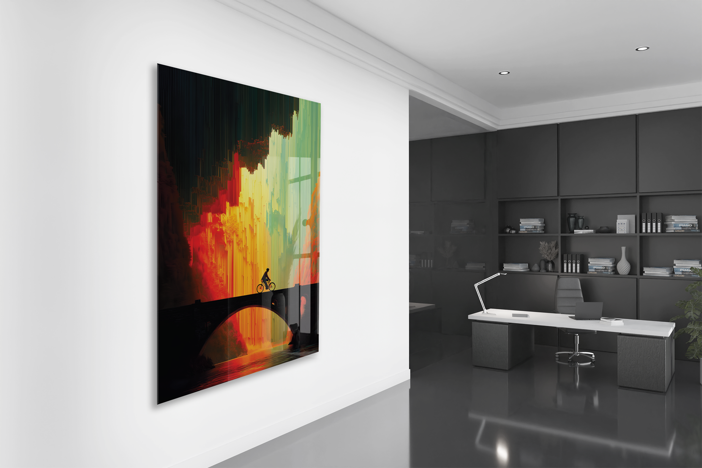 Modern Soyut Köprü ve Yolculuk Cam Tablo – Gün Batımı Renk Geçişli Sanatsal UV Baskılı Temperli Cam Duvar Tablosu - Peony017