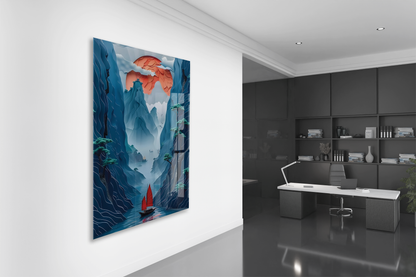 Modern Asya Esintili Doğa Cam Tablo – Dağ ve Nehir Temalı Sanatsal UV Baskılı Temperli Cam Duvar Tablosu - Peony007