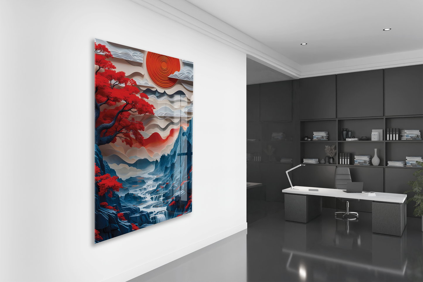 Modern Soyut Asya Manzarası Cam Tablo – Kızıl Güneş ve Dağ Temalı Sanatsal UV Baskılı Temperli Cam Duvar Tablosu - Peony009