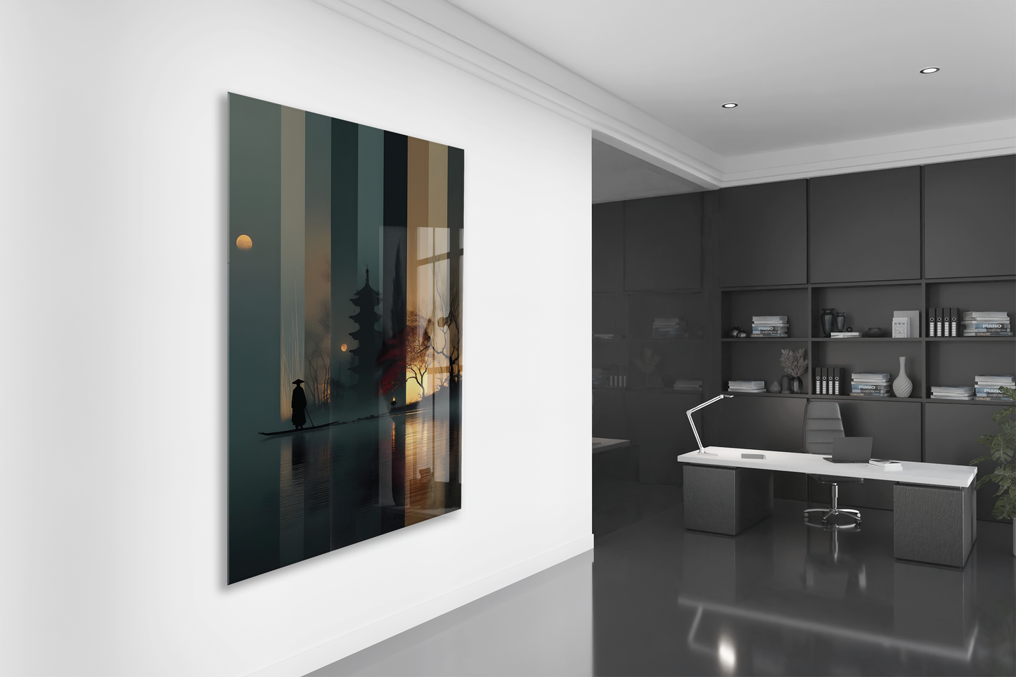 Modern Asya Tapınak Silüeti Cam Tablo – Gece ve Gün Batımı Temalı Sanatsal UV Baskılı Temperli Cam Duvar Tablosu - Peony016