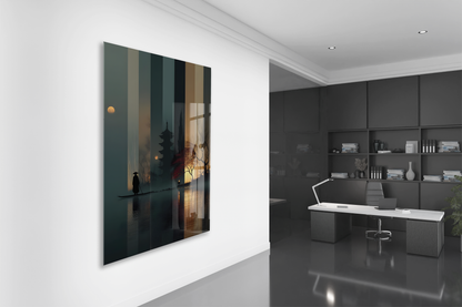 Modern Asya Tapınak Silüeti Cam Tablo – Gece ve Gün Batımı Temalı Sanatsal UV Baskılı Temperli Cam Duvar Tablosu - Peony016