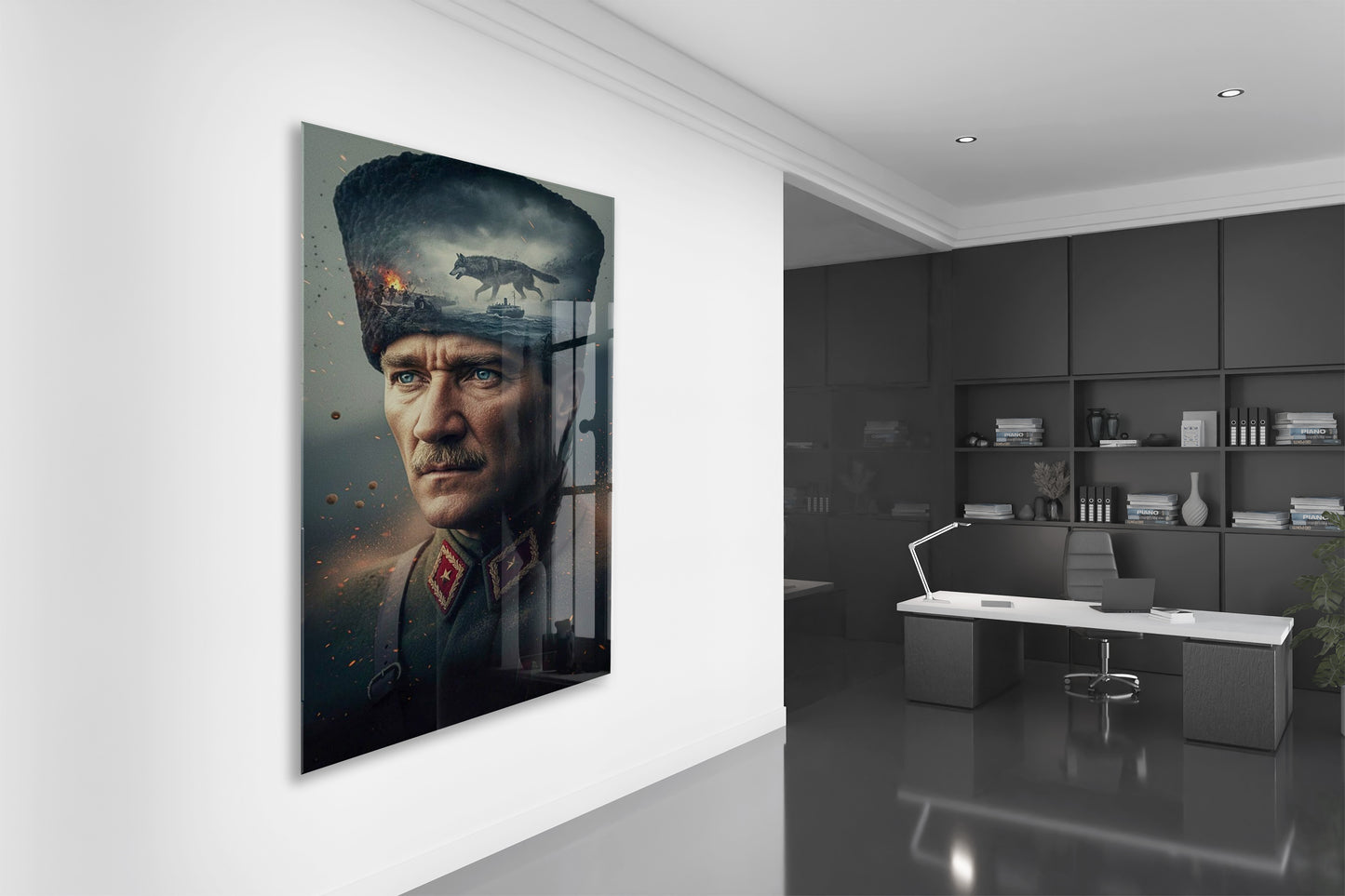 Atatürk Askeri Portre Cam Tablo – Kurtuluş Savaşı ve Liderlik Temalı 4 mm Temperli Cam -PeonyAta055