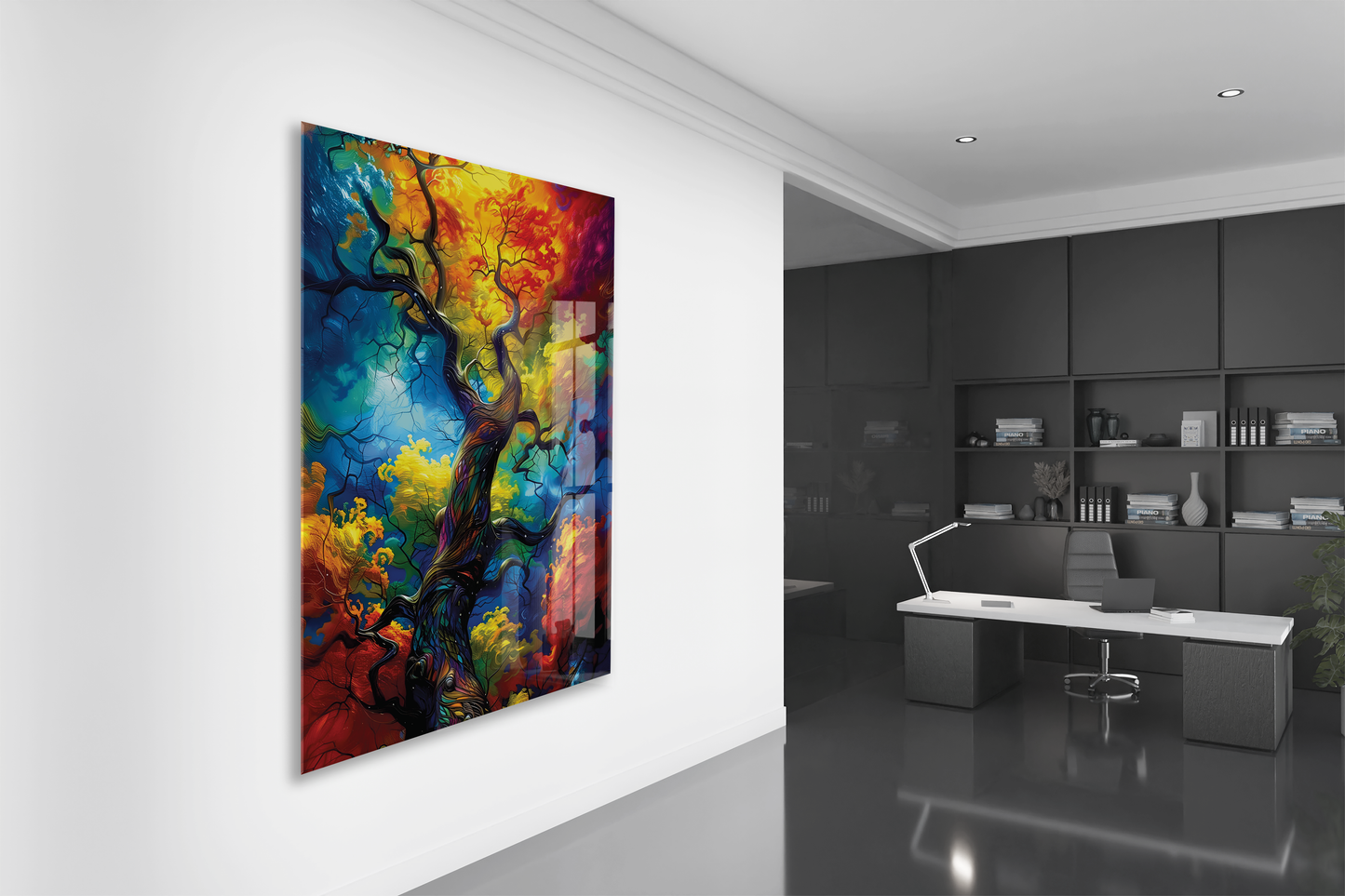 Renk Patlaması Soyut Ağaç Cam Tablo – Modern Sanat Temalı UV Baskılı Temperli Cam Duvar Tablosu - Peony027