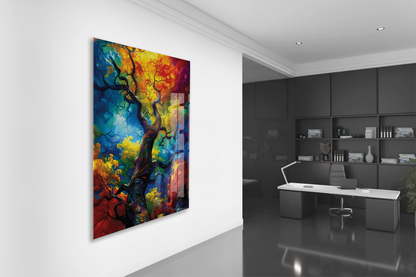 Renk Patlaması Soyut Ağaç Cam Tablo – Modern Sanat Temalı UV Baskılı Temperli Cam Duvar Tablosu - Peony027