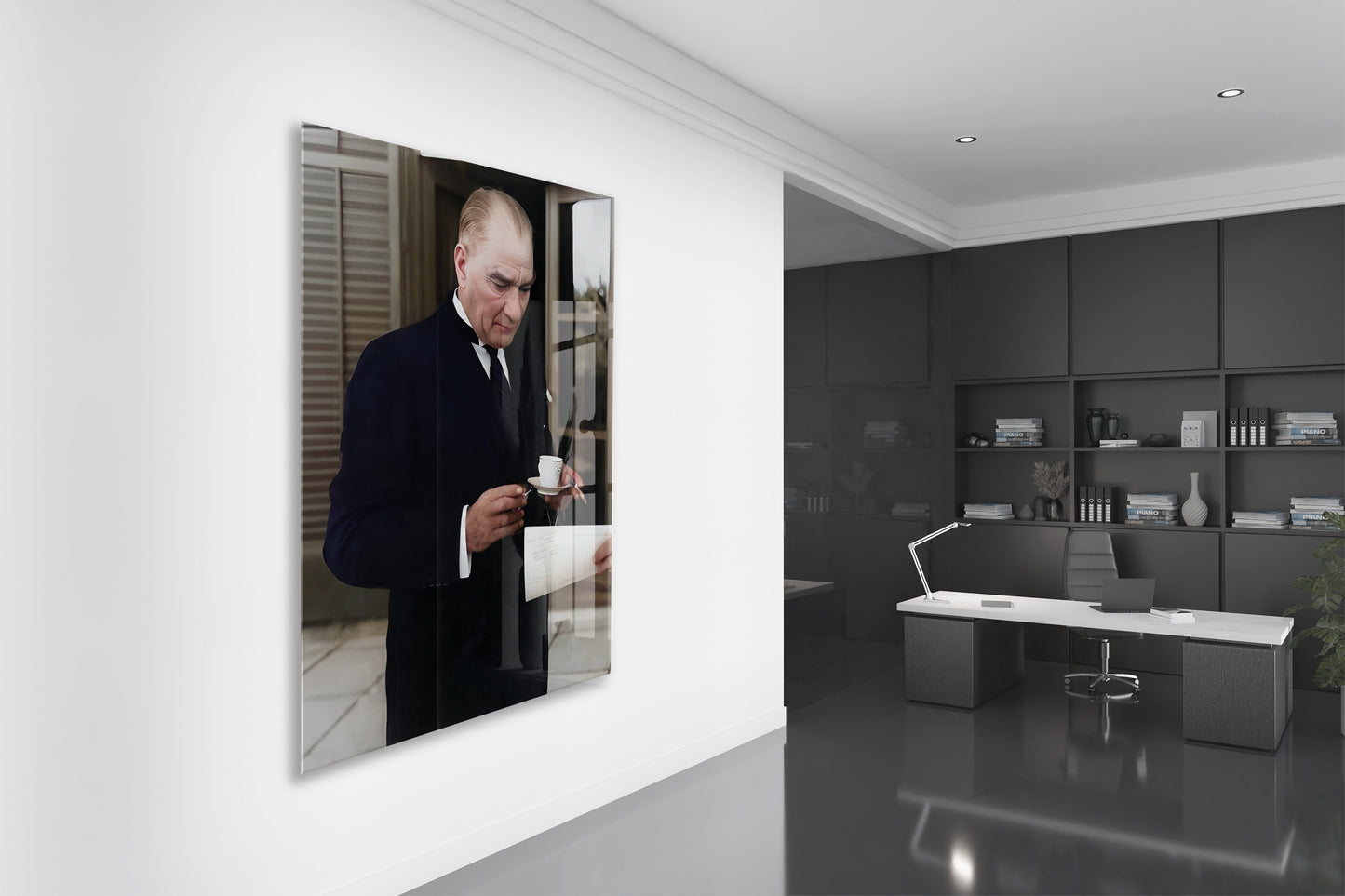 Atatürk Cam Tablo – Çalışma Anı Tasarımı, 4 mm Temperli Cam Üzerine Zarif ve Prestijli Duvar Dekoru -PeonyAta1024