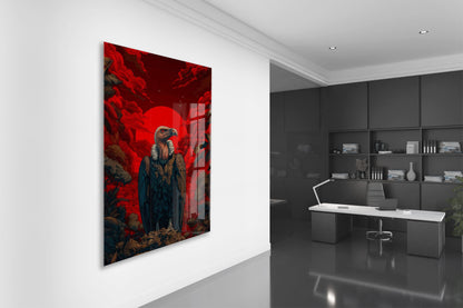 Kızıl Güneş Fonlu Akbaba Cam Tablo – Güç ve Hakimiyet Temalı Modern Duvar Dekoru - Peony079