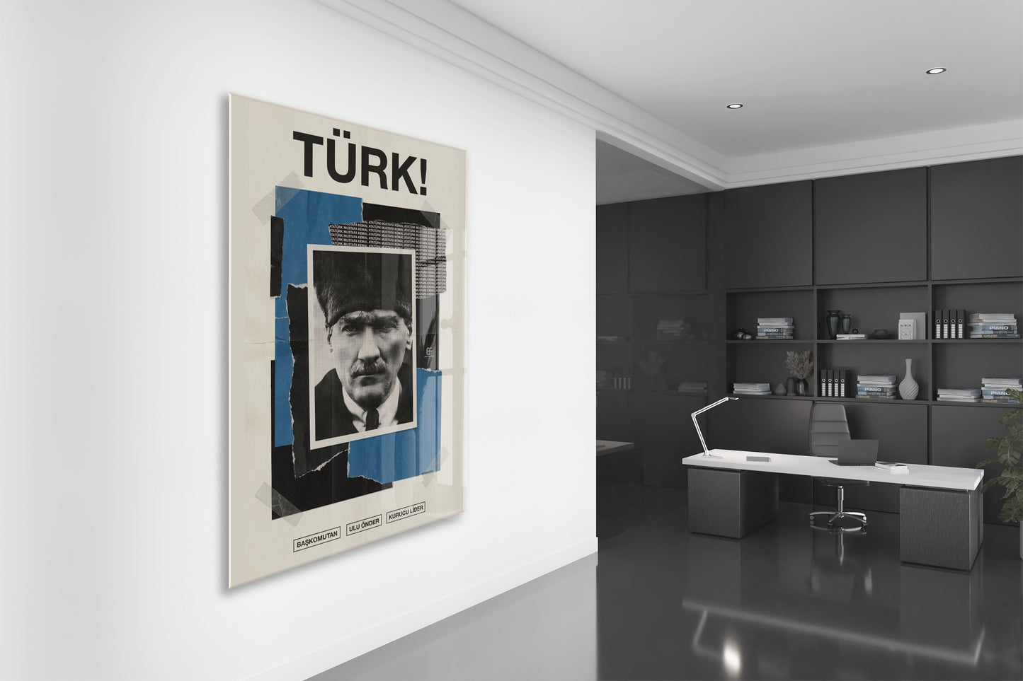Mustafa Kemal Atatürk Türk! Başkomutan Cam Tablo – Modern Kolaj Tasarım Atatürk Duvar Dekoru -PeonyAta074