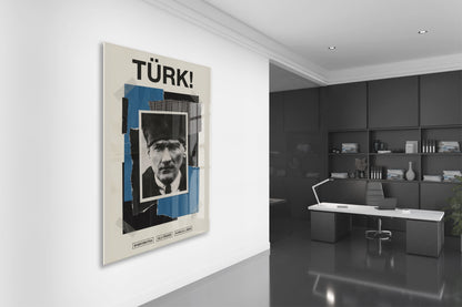 Mustafa Kemal Atatürk Türk! Başkomutan Cam Tablo – Modern Kolaj Tasarım Atatürk Duvar Dekoru -PeonyAta074