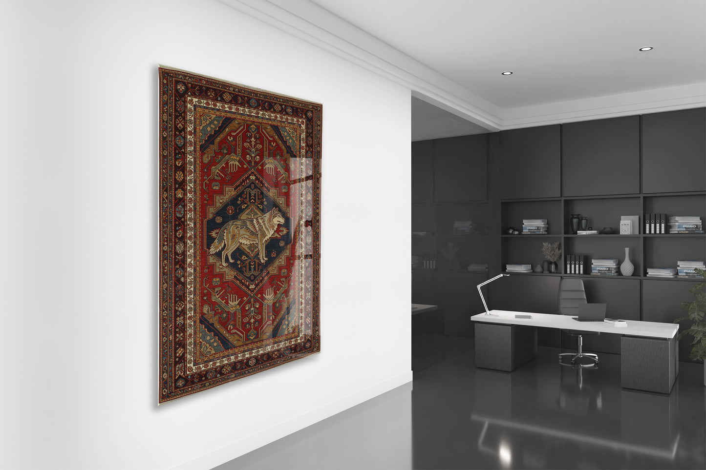 Bozkurt Motifli Türk Halı Deseni Cam Tablo – Geleneksel Orta Asya Duvar Dekoru - PeonyTrk018