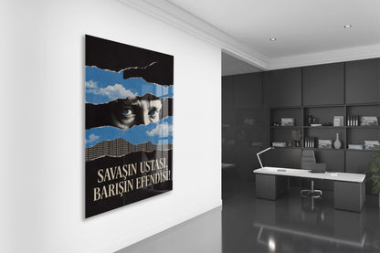 Mustafa Kemal Atatürk Savaşın Ustası Barışın Efendisi Cam Tablo – Modern Mavi Siyah Atatürk Duvar Dekoru -PeonyAta076