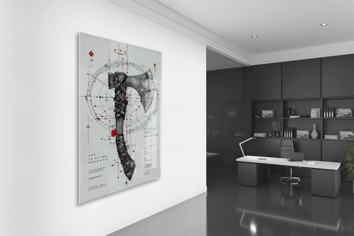 “Keskin Denge” – Geometrik ve Savaş Baltası Temalı Sanatsal Cam Tablo - Peony061