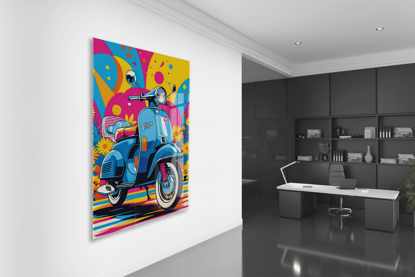 Renkli Vespa Scooter Cam Tablo – Pop Art Stil, UV Baskılı Temperli Cam Duvar Dekoru - Peony040