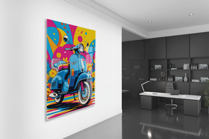 Renkli Vespa Scooter Cam Tablo – Pop Art Stil, UV Baskılı Temperli Cam Duvar Dekoru - Peony040