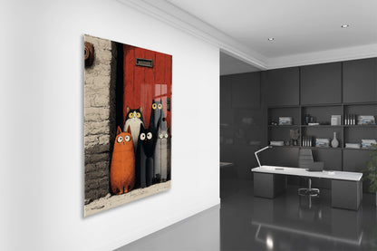 Şaşkın Bakışlı Kediler – Modern ve Minimal İllüstrasyon Cam Tablo- Peony130
