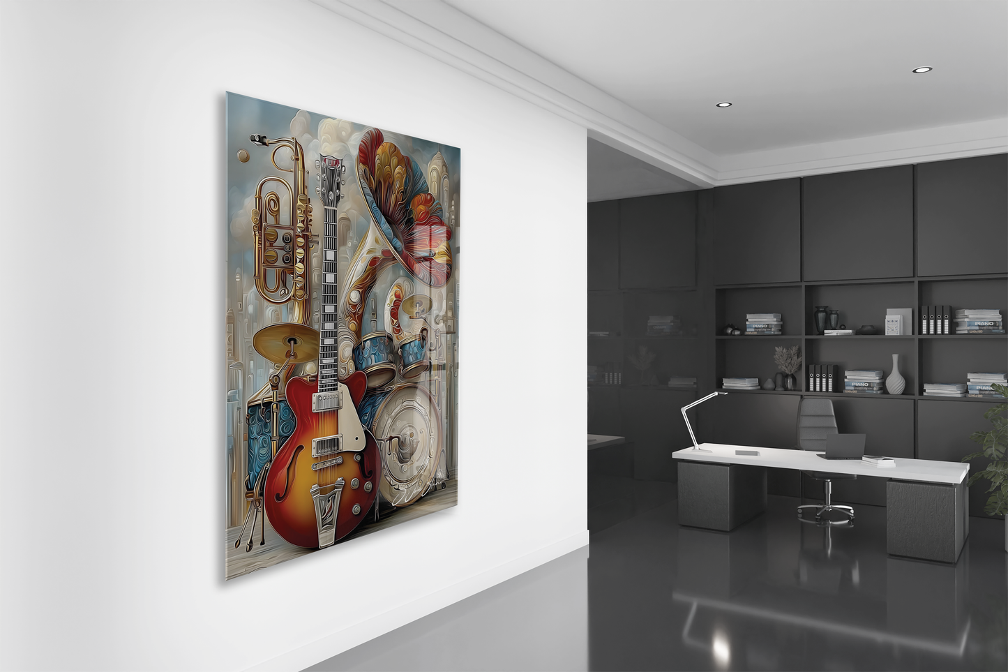 Modern Müzik Temalı Cam Tablo – Gitar, Trompet ve Davul Detaylı, Sanatsal UV Baskılı Temperli Cam Duvar Dekoru - Peony043