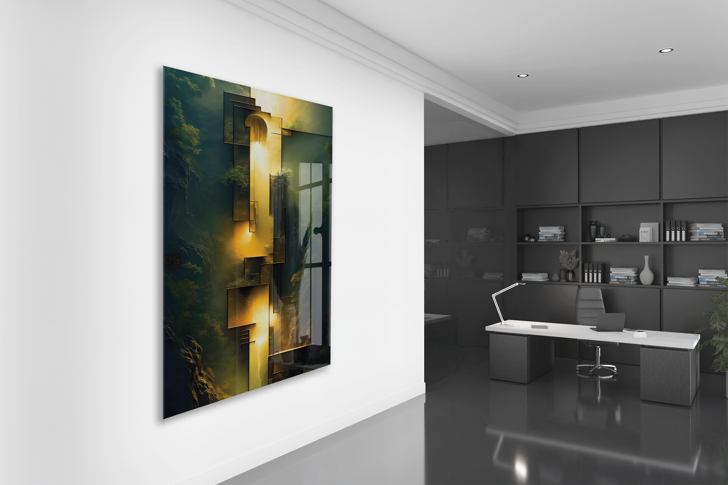 Altın Işık ve Geometrik Formlar Cam Tablo – Modern, Derinlikli ve Şık Duvar Sanatı - Peony025