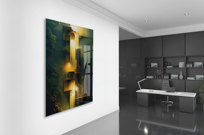 Altın Işık ve Geometrik Formlar Cam Tablo – Modern, Derinlikli ve Şık Duvar Sanatı - Peony025