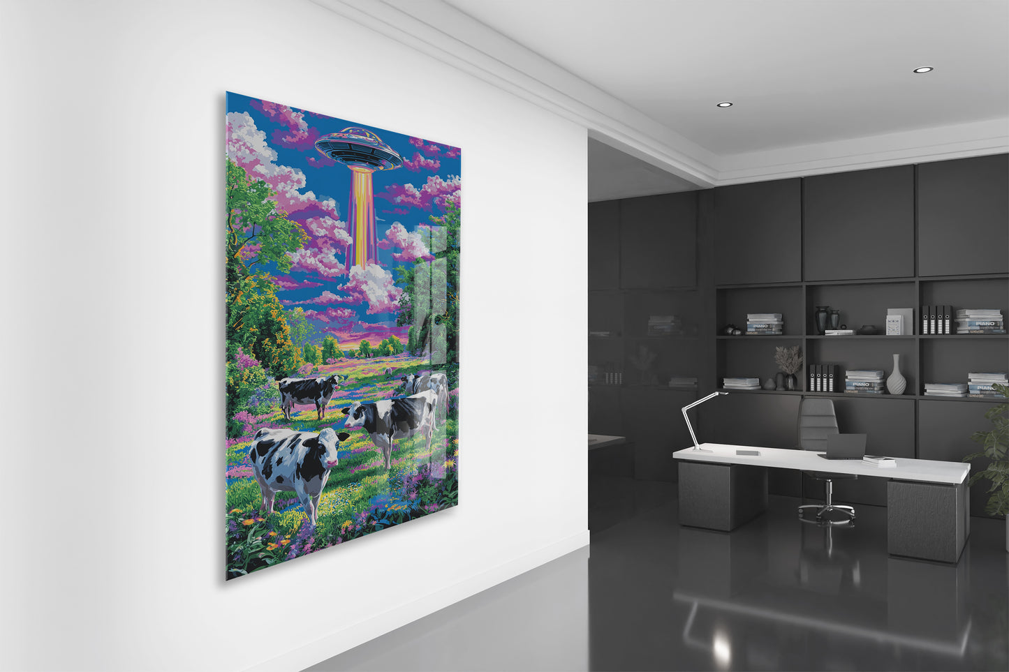 UFO ve Renkli Tarlada İnekler – Fantastik Manzara Duvar Tablosu - Peony128