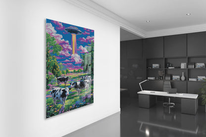 UFO ve Renkli Tarlada İnekler – Fantastik Manzara Duvar Tablosu - Peony128