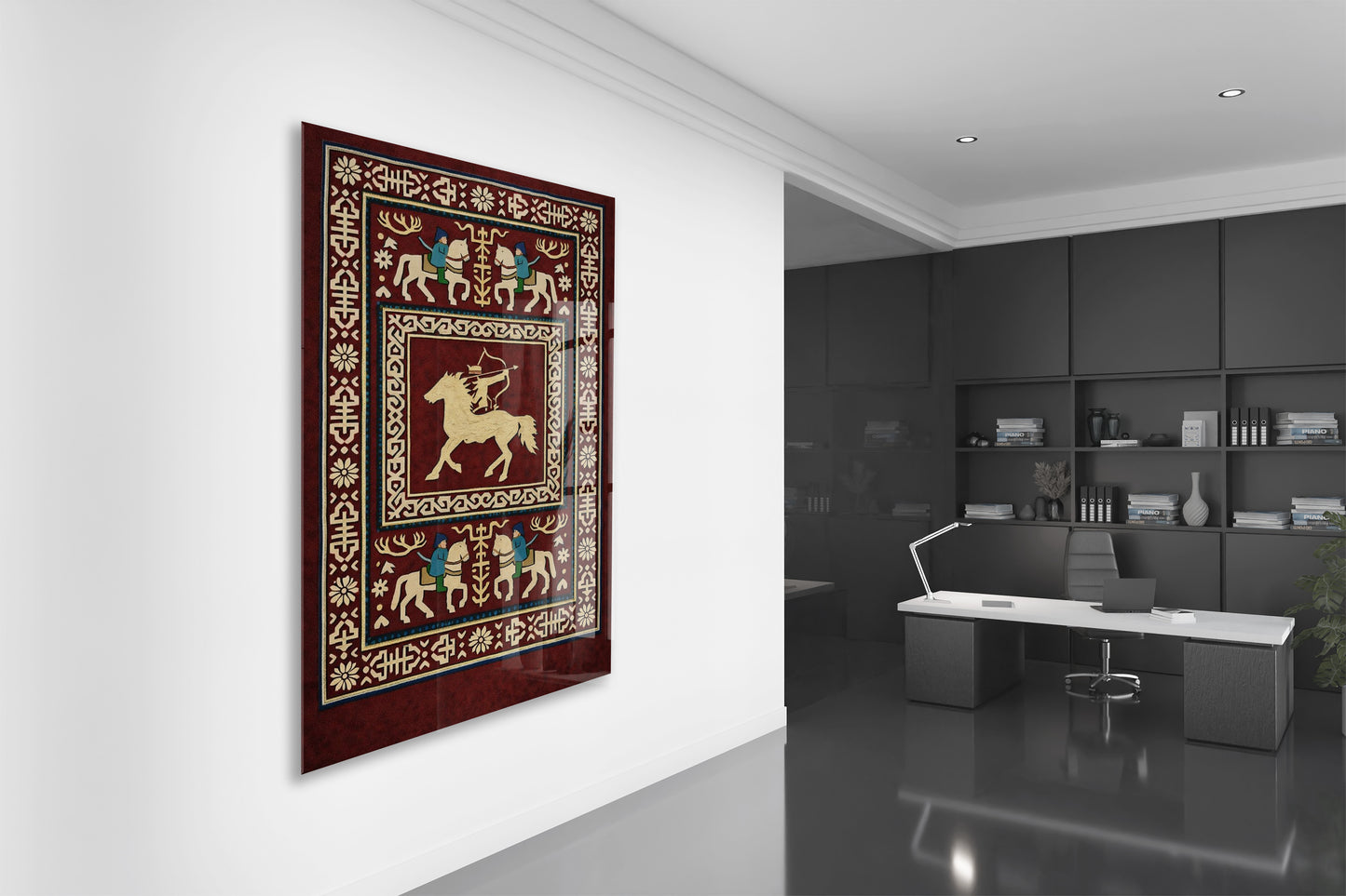 Orta Asya Türk Motifleri Cam Tablo – Atlı Okçu ve Geleneksel Türk Desenleri Duvar Dekoru - PeonyTrk009