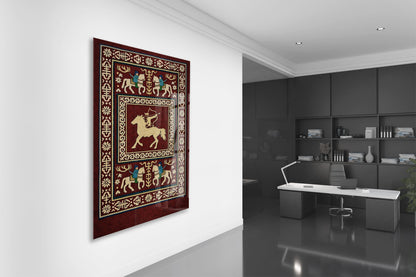 Orta Asya Türk Motifleri Cam Tablo – Atlı Okçu ve Geleneksel Türk Desenleri Duvar Dekoru - PeonyTrk009