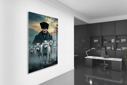 Atatürk ve Kurtlar Cam Baskı Tablo | Güç ve Liderlik Temalı Modern Sanatsal Duvar Dekoru, 4mm Temperli Cam, Yüksek Çözünürlüklü UV Baskı PeonyAta043
