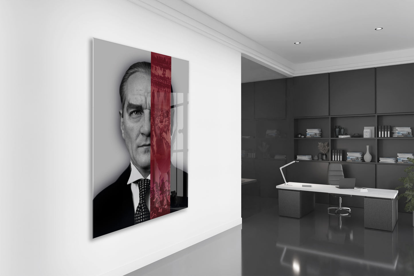 Atatürk Cam Tablo – Lider ve Millet Temalı, Kırmızı Şerit Detaylı 4 mm Temperli Cam Duvar Dekoru -PeonyAta1019