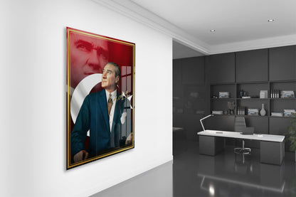 Mustafa Kemal Atatürk Türk Bayraklı Cam Tablo | İmzalı 4 mm Temperli UV Baskılı Premium Duvar Tablosu -PeonyAta1304
