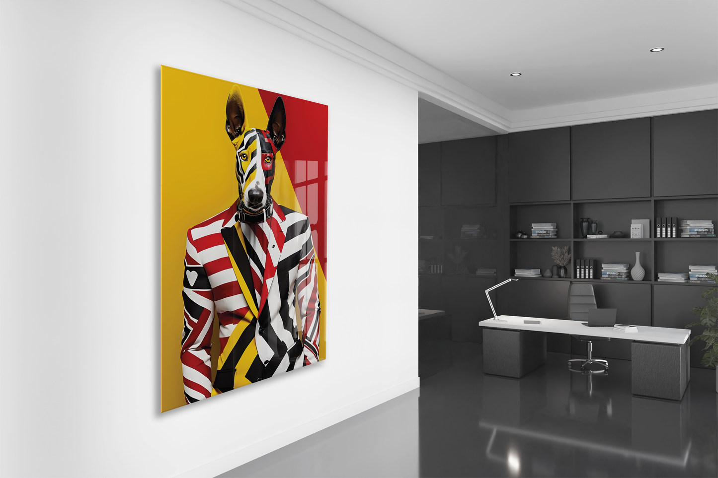 Modern Pop Art Köpek Portresi Cam Tablo – Renkli ve Şık Sanatsal UV Baskılı Temperli Cam Duvar Tablosu - Peony012