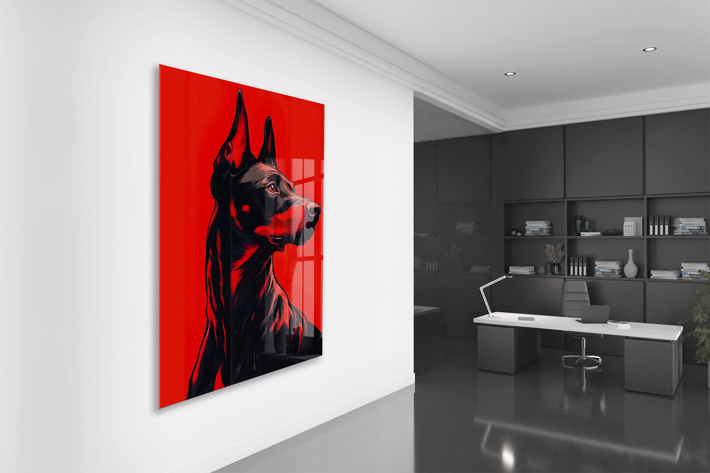 Doberman Portre – Kırmızı Arka Plan Modern Duvar Tablosu - Peony139