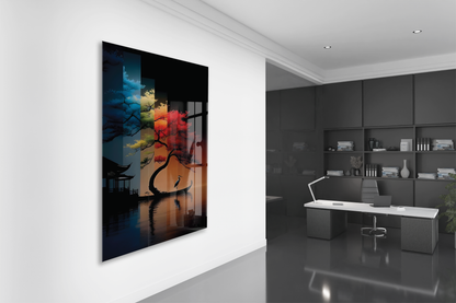 Soyut Portre Cam  Tablo – Renkli Fırça Efektli Sanatsal UV Baskılı Temperli Cam Duvar Tablosu  Modern Soyut Dört Mevsim Ağacı Cam Tablo – Doğa ve Denge Temalı Sanatsal UV Baskılı Temperli Cam Duvar Tablosu - Peony015