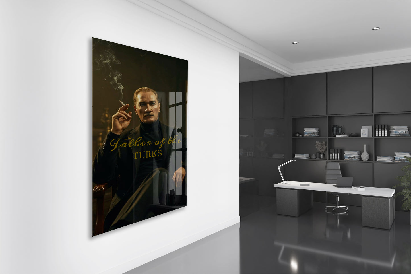 Father of the Turks Atatürk Cam Tablo | Gold Yazı Detaylı Modern Portre, Premium UV Baskı Temperli Cam Atatürk Duvar Dekoru PeonyAta051