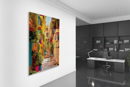 Renkli Akdeniz Sokağı Cam Tablo – Canlı Mimari ve Dar Sokak Temalı Dekoratif Duvar Tablosu - Peony054