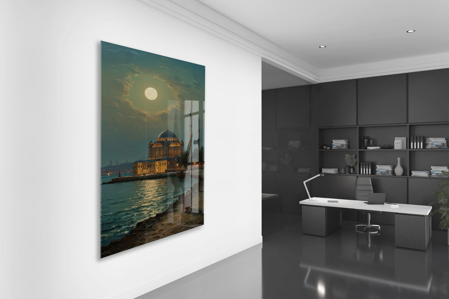 Dolunay Altında İstanbul Camii – Ay Işığında Osmanlı Mimarisi Cam Tablo - PeonyOsm007