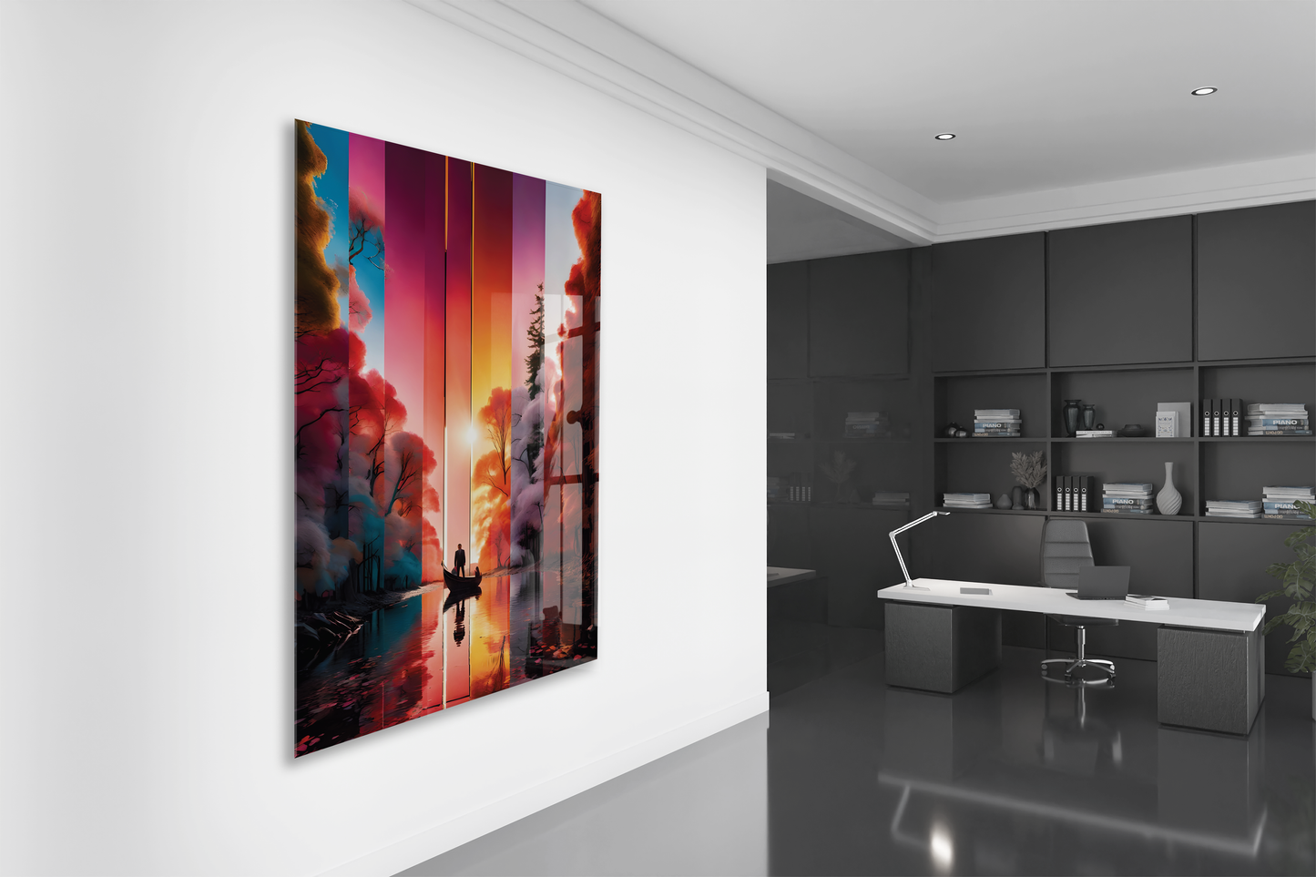 Modern Soyut Gün Batımı Yolculuk Cam Tablo – Renk Geçişli Doğa Temalı Sanatsal UV Baskılı Temperli Cam Duvar Tablosu - Peony020