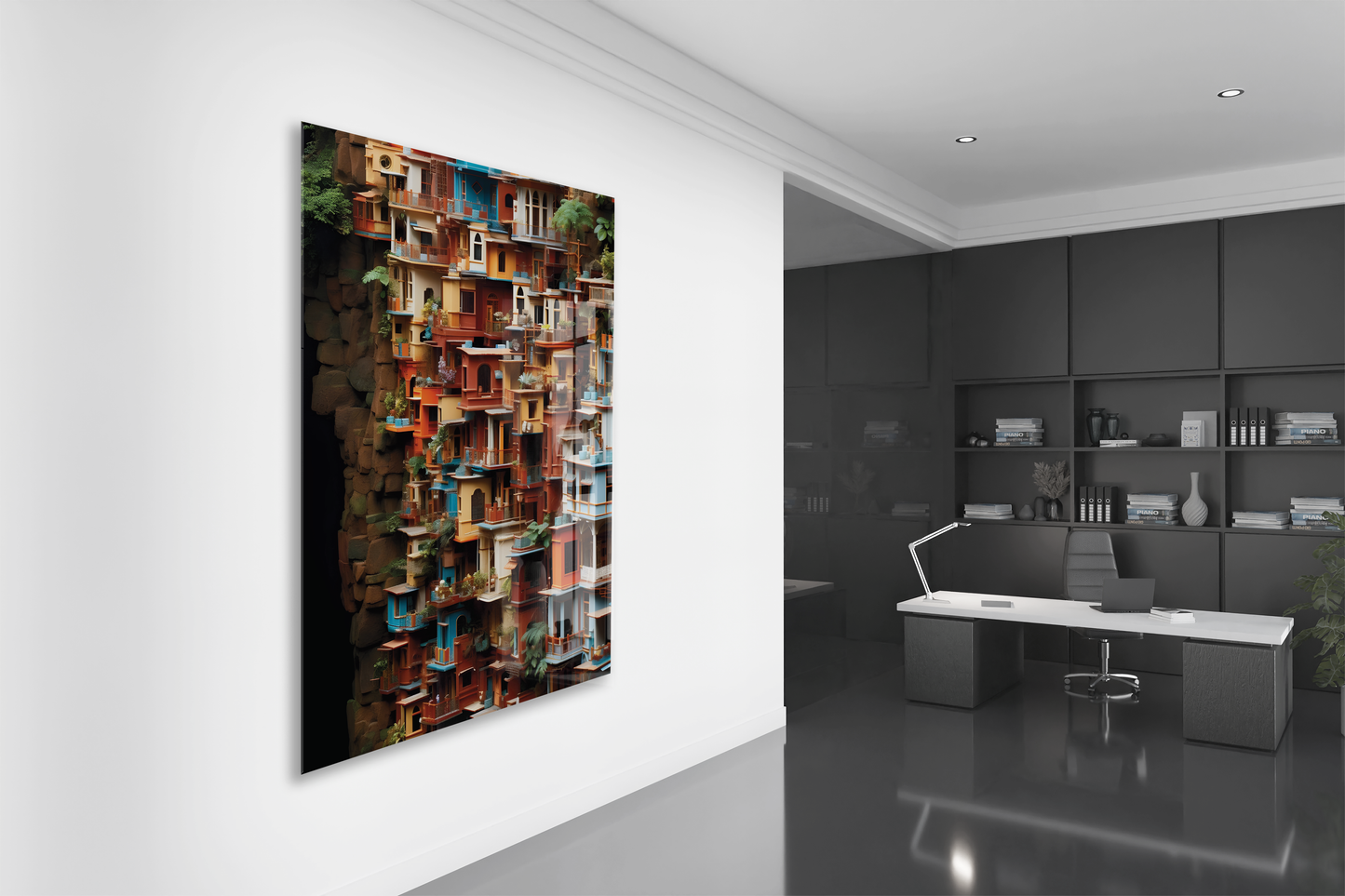 Modern Renkli Şehir Cepheleri Cam Tablo – Mimari ve Kentsel Sanat Temalı UV Baskılı Temperli Cam Duvar Tablosu - Peony019