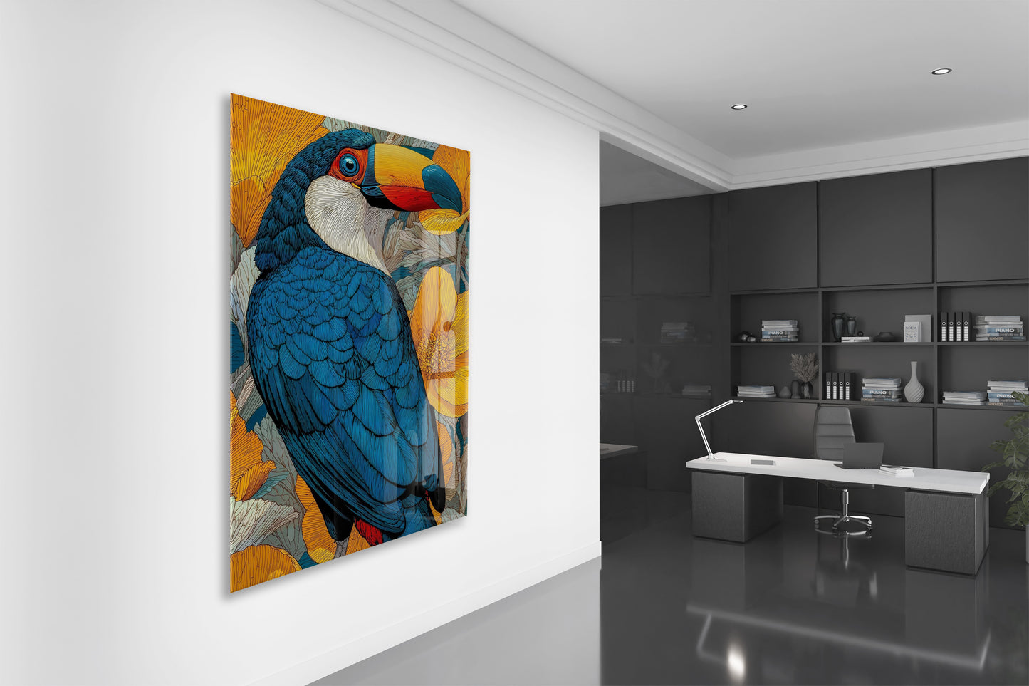 Renkli Tukan Kuşu Cam Duvar Tablosu – Tropikal Çiçekli Modern Tasarım- Peony117