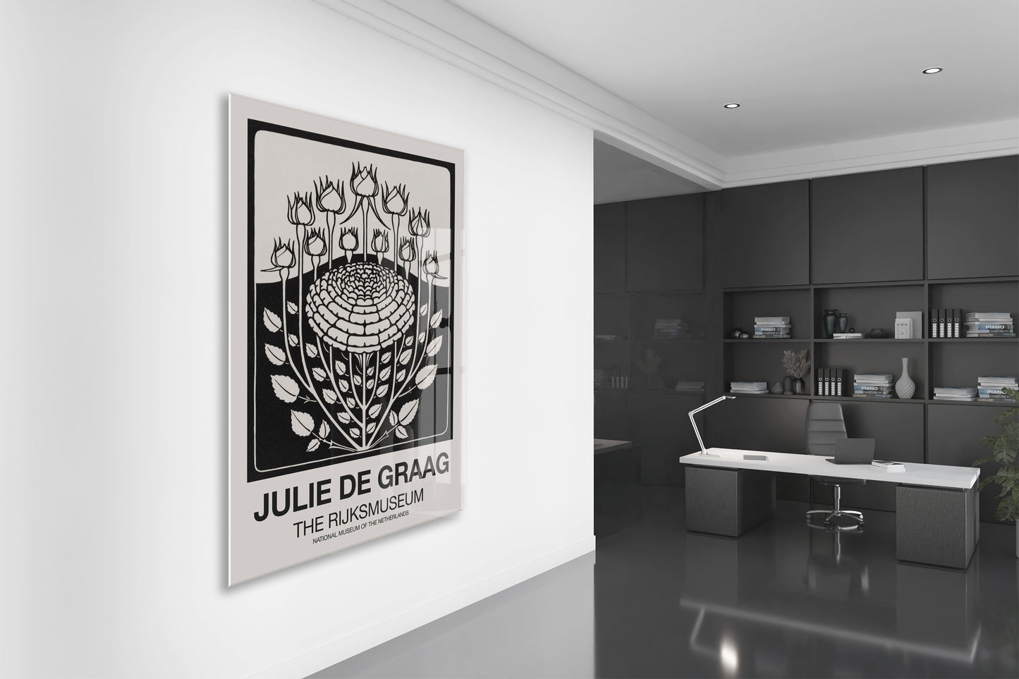Siyah Beyaz Botanik Çiçek Cam Tablo | Minimal Modern Duvar Dekoru - Peony148