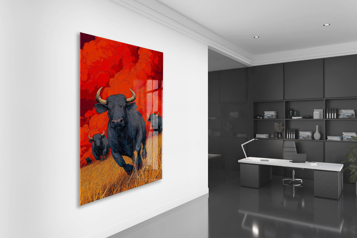 Koşan Boğa Figürlü Cam Tablo – Kırmızı Arka Planlı Modern Güç Temalı Duvar Dekoru - Peony074