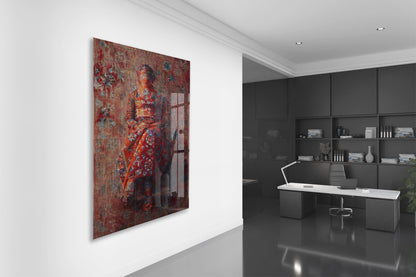 Oryantal Desenli Kırmızı Elbiseli Kadın Figürlü Cam Tablo – Sanatsal ve Vintage Duvar Dekoru - Peony059