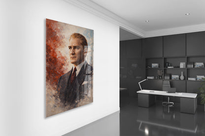 Atatürk Portresi Cam Baskı Tablo | Modern Sanatsal Stil, 4mm Temperli Cam, Yüksek Çözünürlüklü UV Baskı, Ofis ve Salon Duvar Dekoru  PeonyAta039